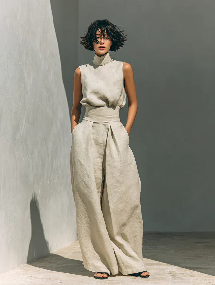 Julia | Conjunto minimalista de top y pantalones de pierna ancha en algodón y lino para mujer
