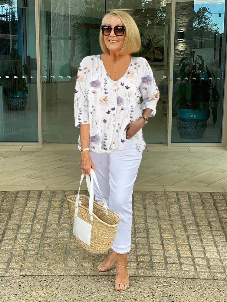 Valentina | Top Floral en Algodón y Lino