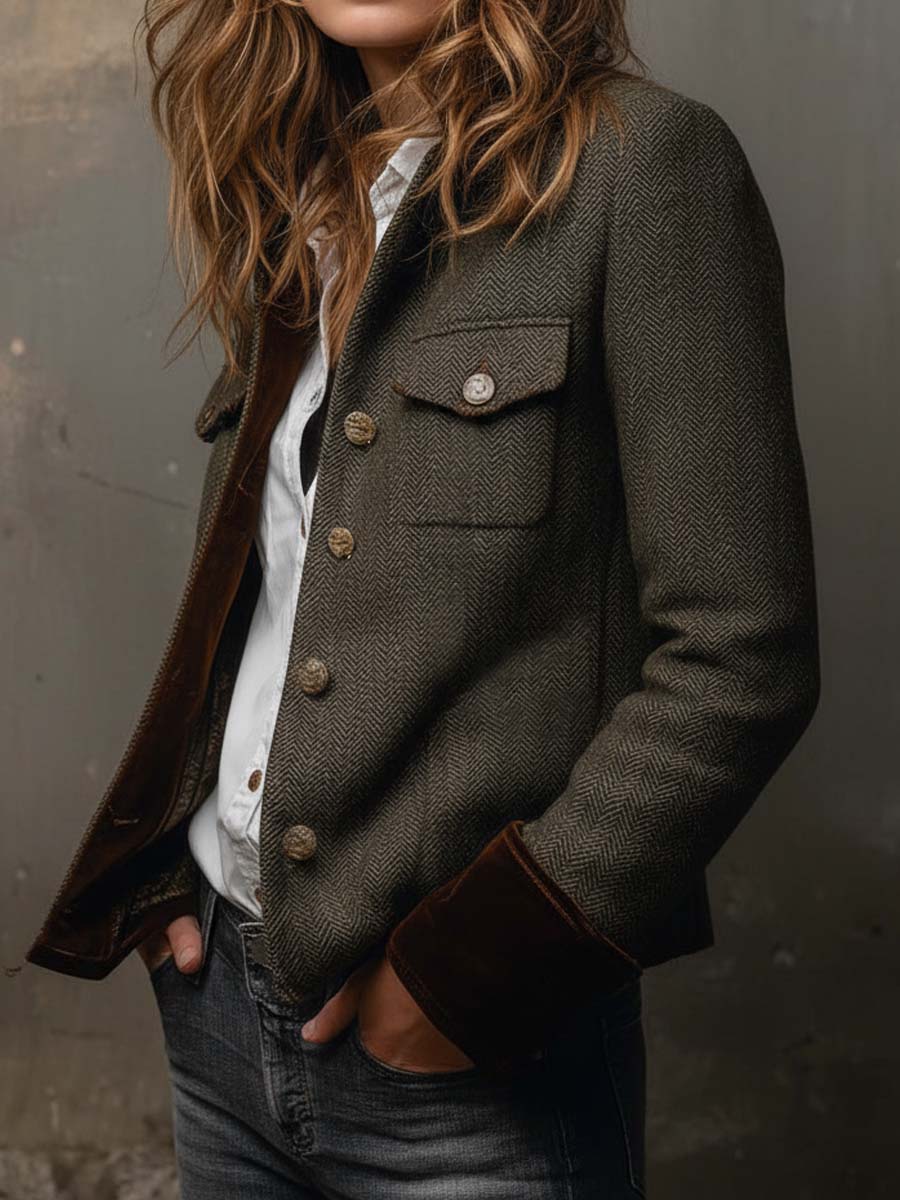 Ainara | Blazer de Mujer de Tweed con Ribete de Terciopelo