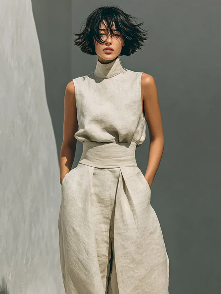 Julia | Conjunto minimalista de top y pantalones de pierna ancha en algodón y lino para mujer