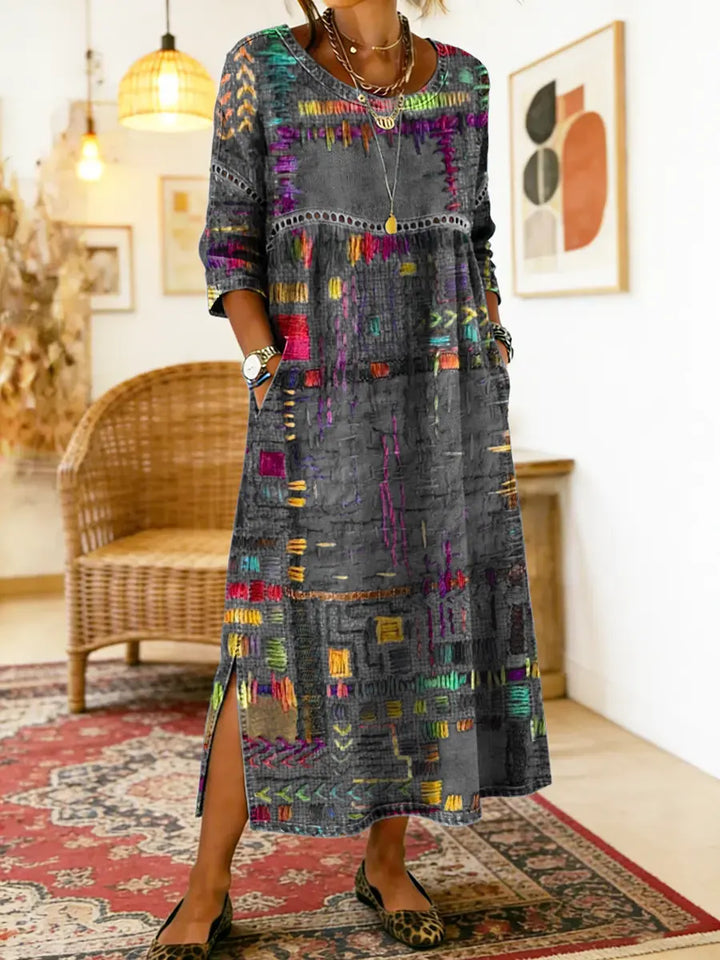 Lourdes | Vestido Denim con Patchwork Étnico