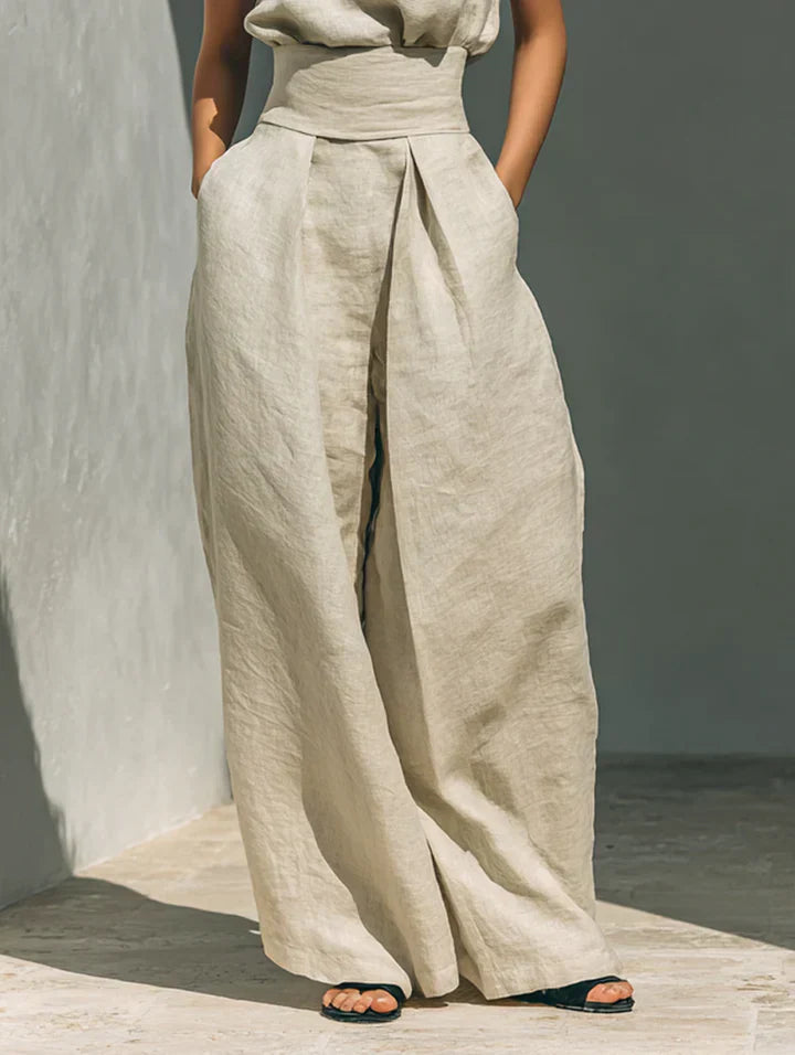 Julia | Conjunto minimalista de top y pantalones de pierna ancha en algodón y lino para mujer