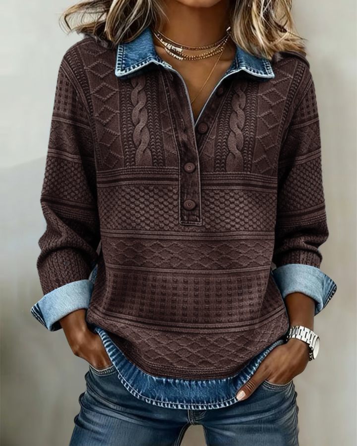 Melkorka | sudadera con cuello denim y medio botón