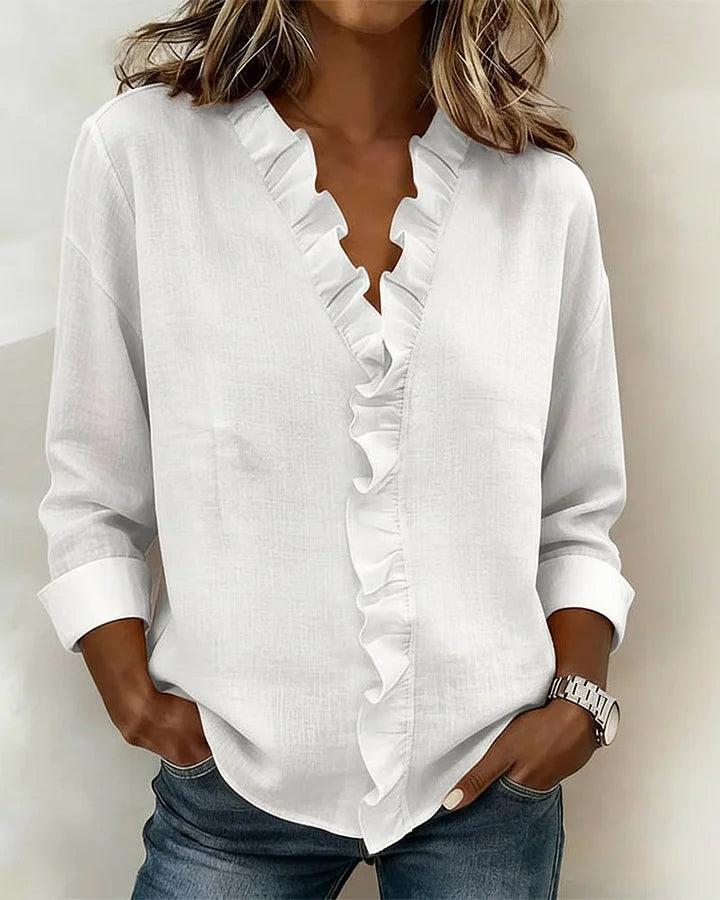 Arianna | Blusa con Volantes, Escote en V y Mangas Largas