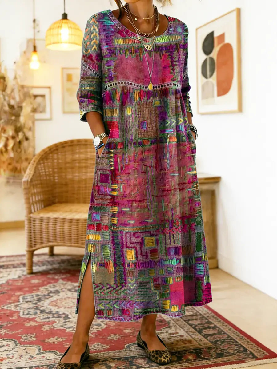 Lourdes | Vestido Denim con Patchwork Étnico