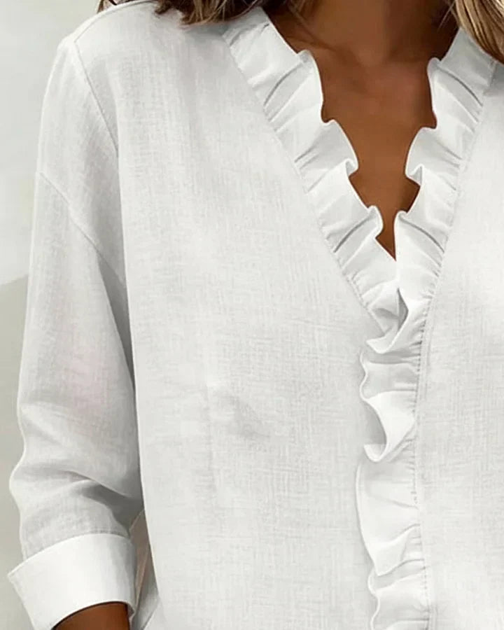 Arianna | Blusa con Volantes, Escote en V y Mangas Largas