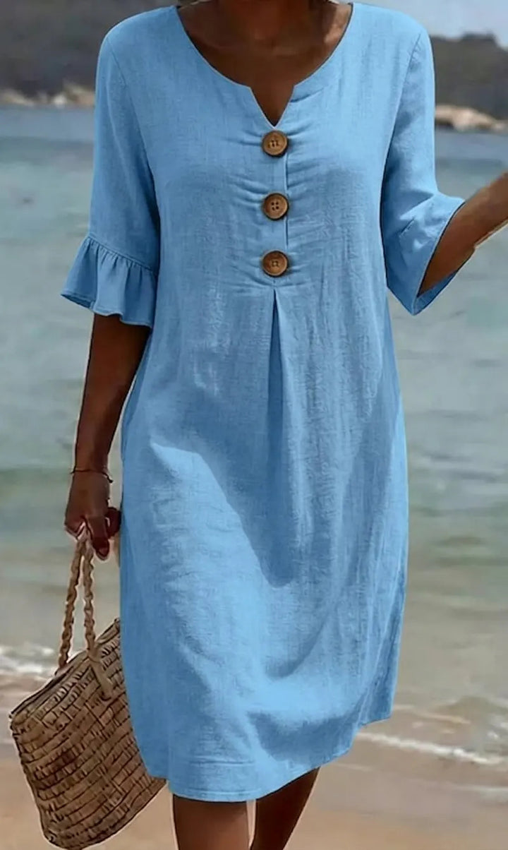 Carolina | Vestido de mujer de algodón y lino con mangas abullonadas y botones