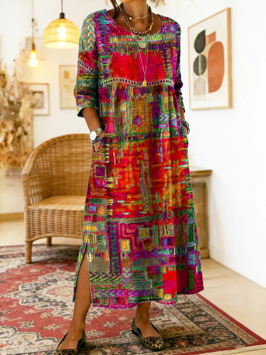 Lourdes | Vestido Denim con Patchwork Étnico