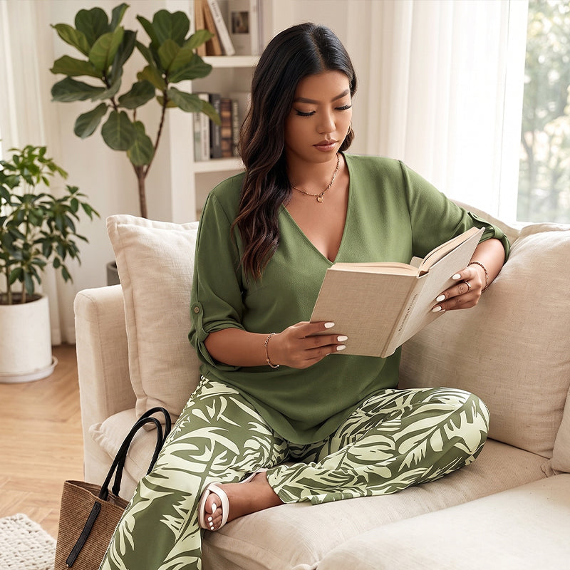 Alicia | Conjunto de mujer blusa con cuello en V y pantalones estampados de corte ancho