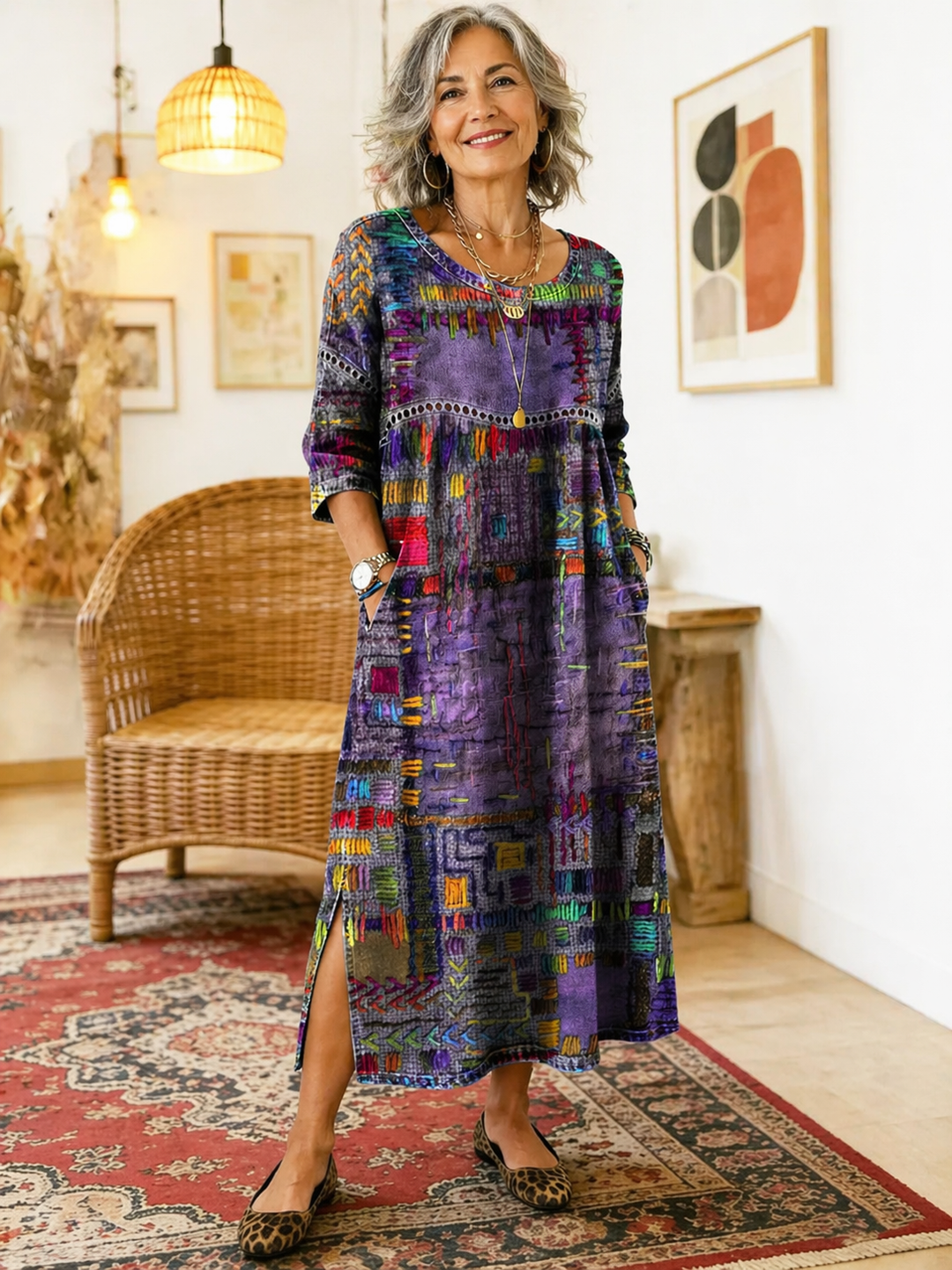 Lourdes | Vestido Denim con Patchwork Étnico