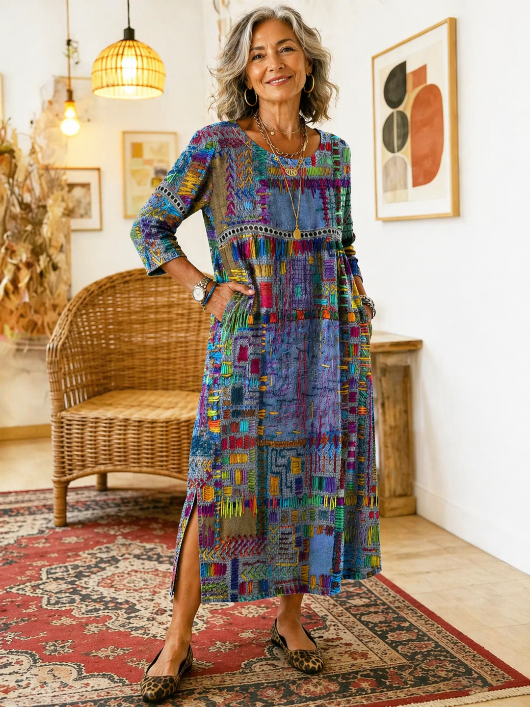 Lourdes | Vestido Denim con Patchwork Étnico