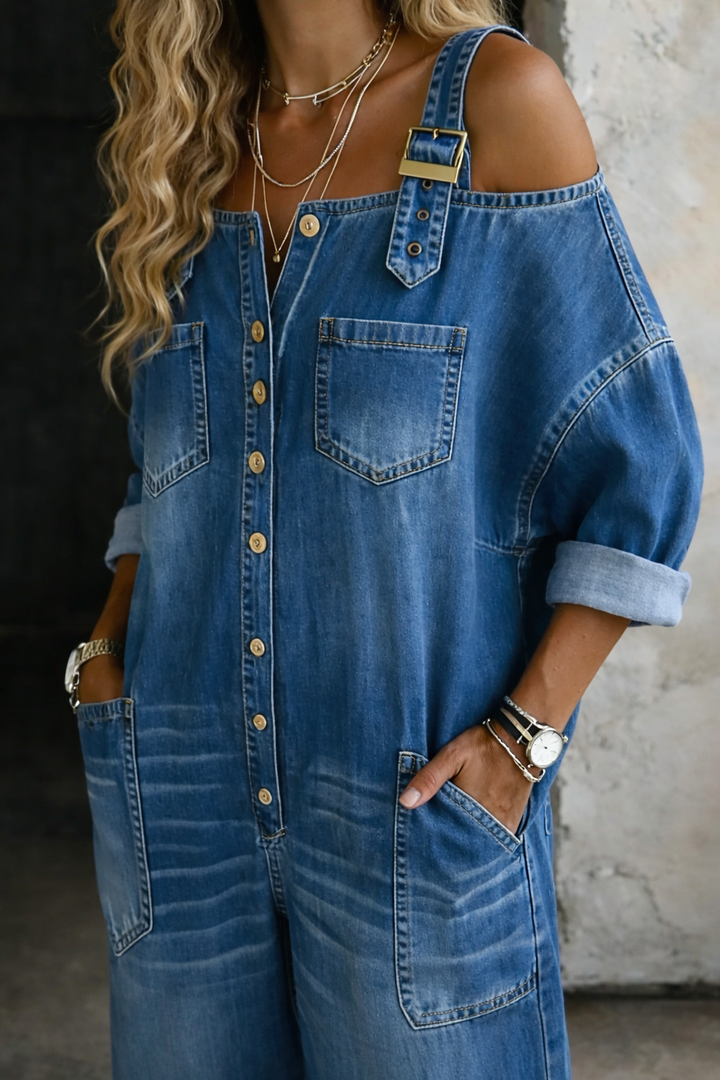 Victoria | Mono de Denim con Hombros Descubiertos