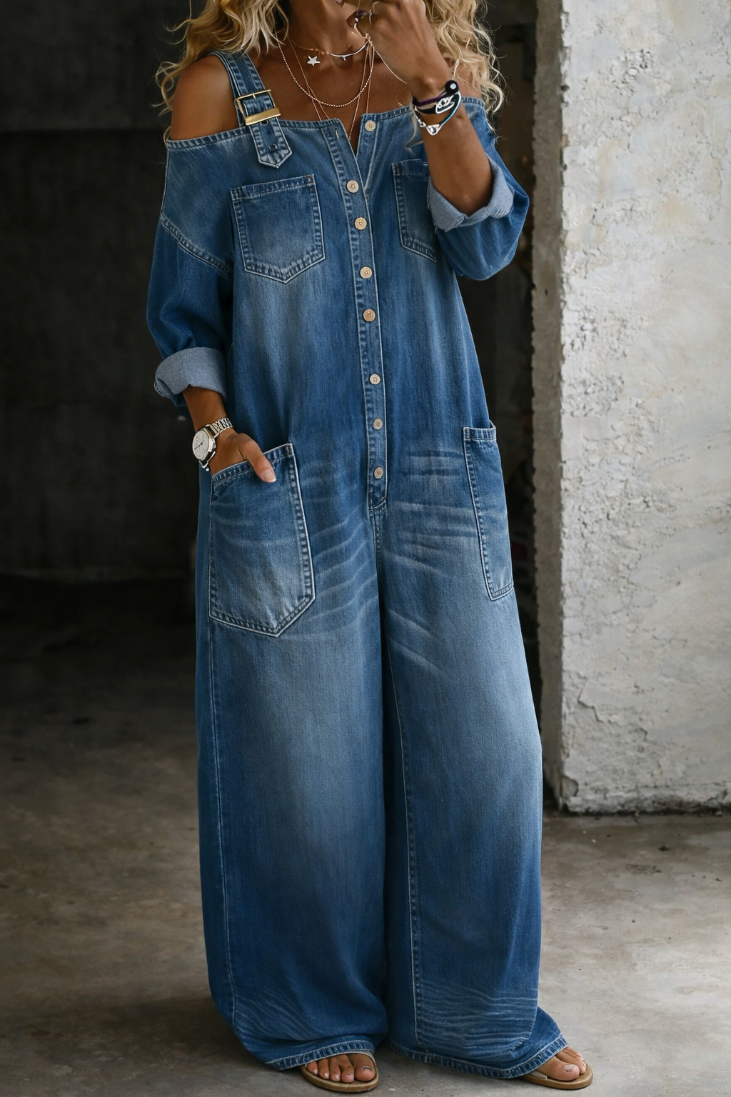 Victoria | Mono de Denim con Hombros Descubiertos