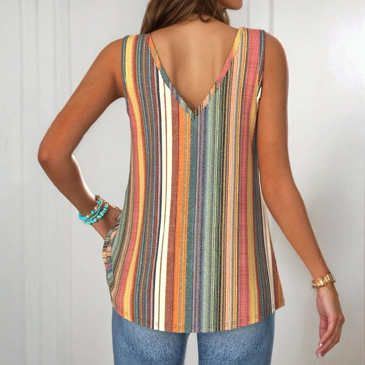 Sofía | Camiseta sin mangas a rayas multicolores con cuello en V