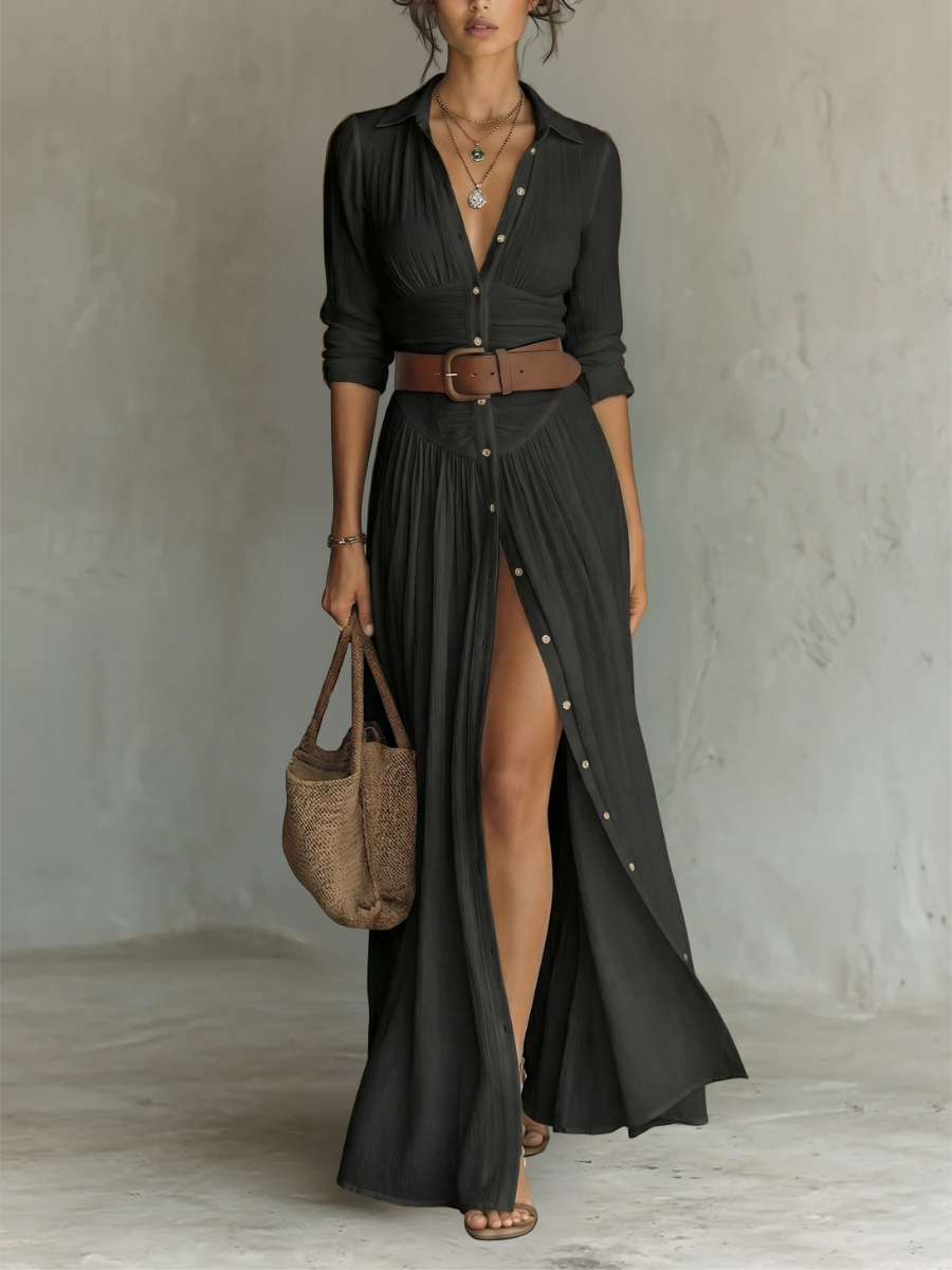 Robe Maxi Larga con Cuello Tipo Blazer y Mangas Largas de Lino para Mujer