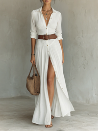 Robe Maxi Larga con Cuello Tipo Blazer y Mangas Largas de Lino para Mujer