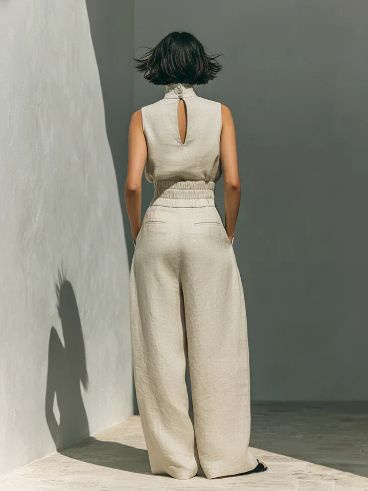 Julia | Conjunto minimalista de top y pantalones de pierna ancha en algodón y lino para mujer