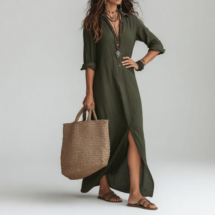 Claudia | Vestido largo tipo camisa bohemio elegancia natural