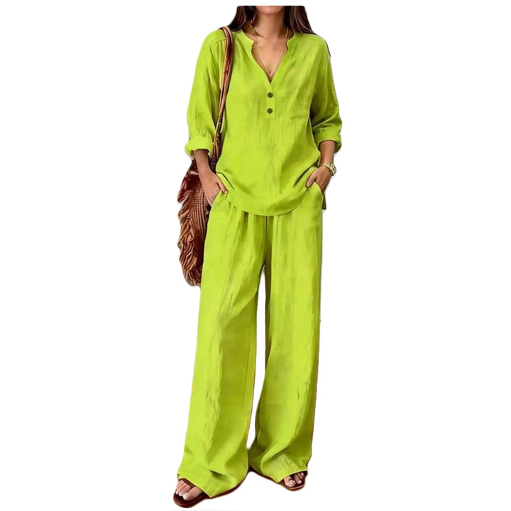 Sebastiana | Conjunto de Pantalón Estilo Verano de Algodón y Lino con Cuello V