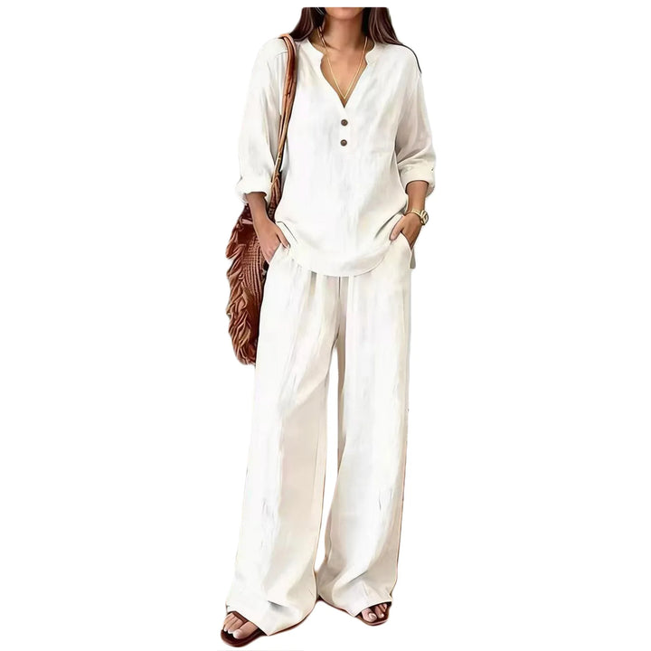 Sebastiana | Conjunto de Pantalón Estilo Verano de Algodón y Lino con Cuello V