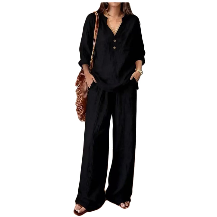 Sebastiana | Conjunto de Pantalón Estilo Verano de Algodón y Lino con Cuello V