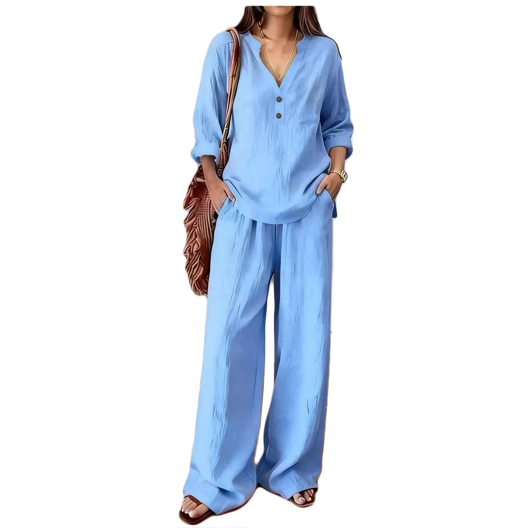 Sebastiana | Conjunto de Pantalón Estilo Verano de Algodón y Lino con Cuello V
