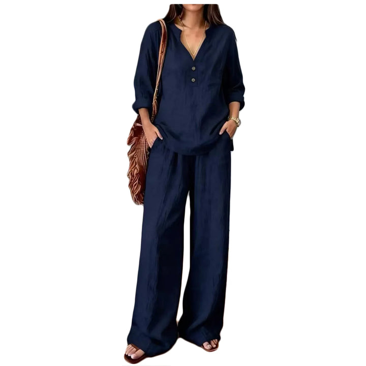 Sebastiana | Conjunto de Pantalón Estilo Verano de Algodón y Lino con Cuello V