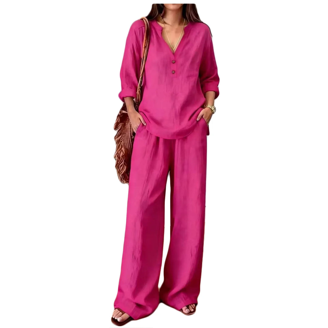 Sebastiana | Conjunto de Pantalón Estilo Verano de Algodón y Lino con Cuello V