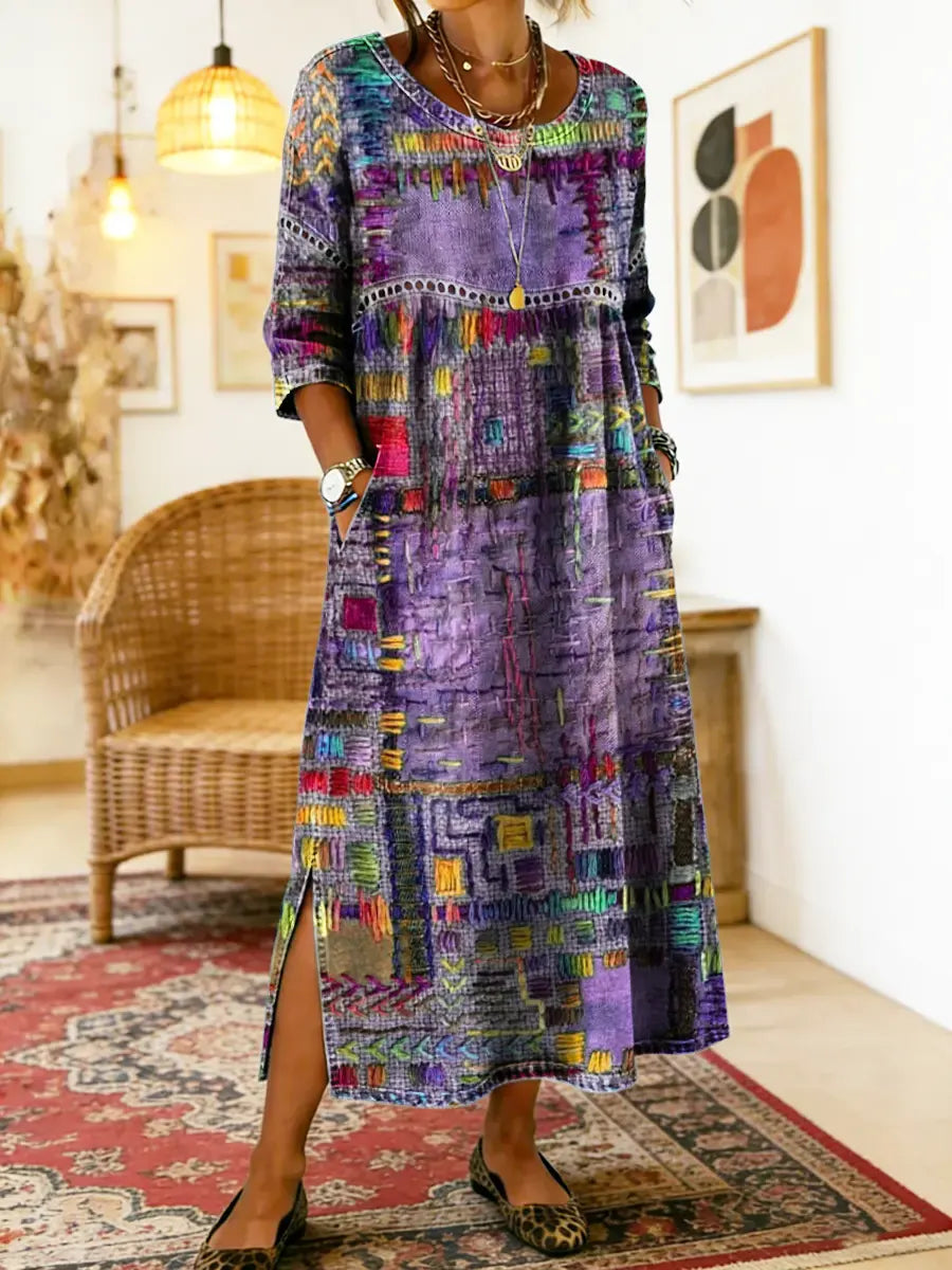 Lourdes | Vestido Denim con Patchwork Étnico