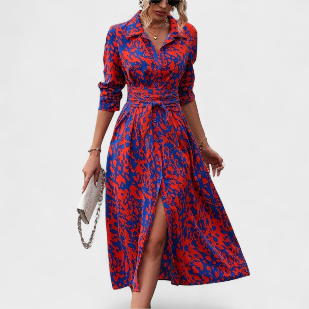 Vestido Bianca – Estilo Animal Print Azul y Rojo