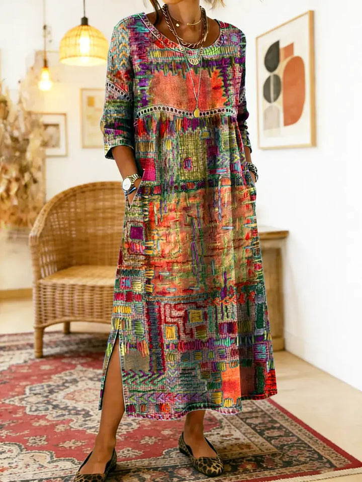 Lourdes | Vestido Denim con Patchwork Étnico