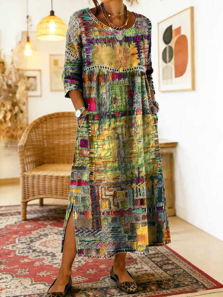 Lourdes | Vestido Denim con Patchwork Étnico