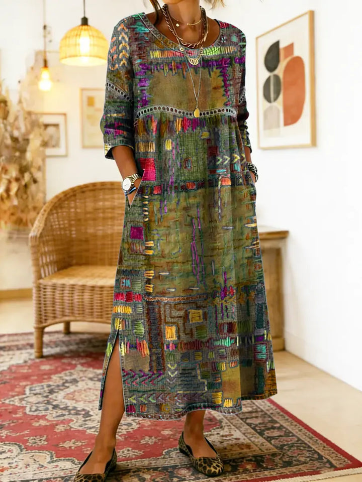 Lourdes | Vestido Denim con Patchwork Étnico