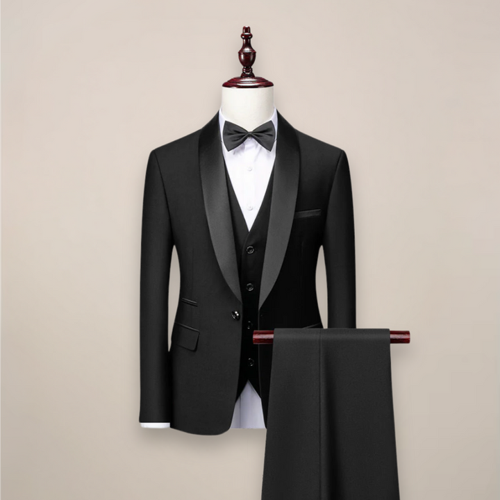 Casiano | Traje de Tres Piezas con Solapa Chal y Chaleco - Negro