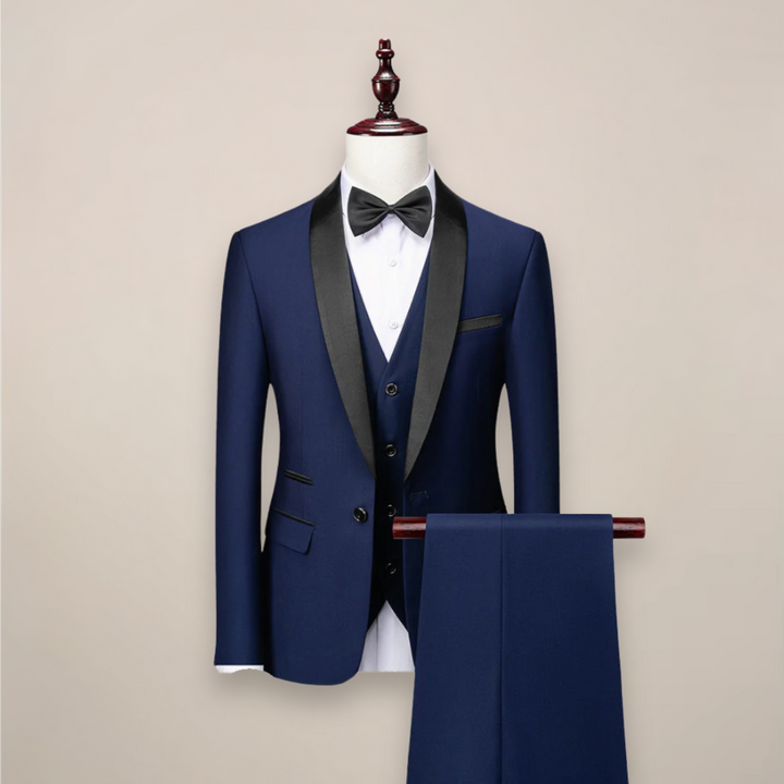 Casiano | Traje de Tres Piezas con Solapa Chal y Chaleco - Azul marino