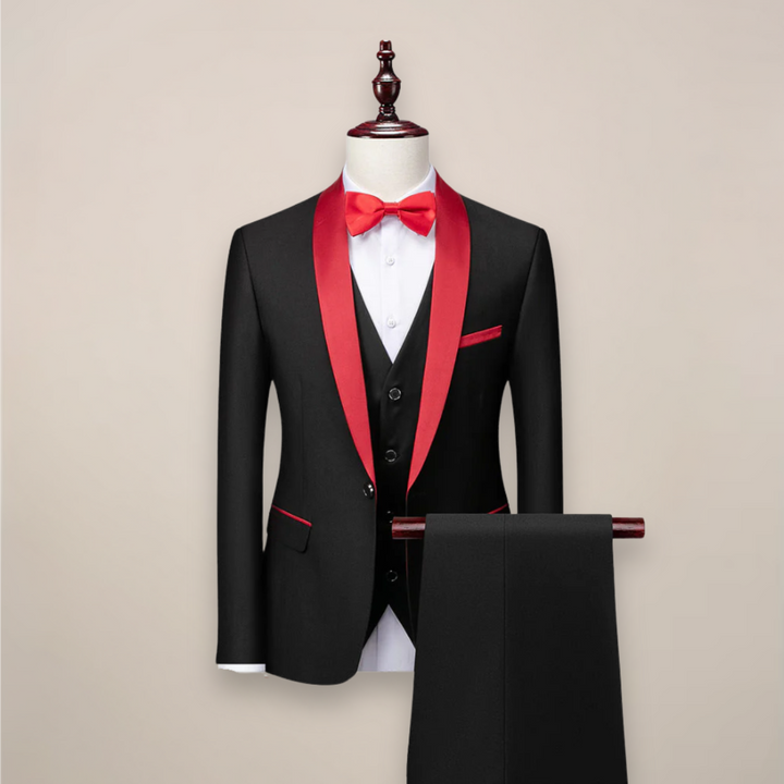 Casiano | Traje de Tres Piezas con Solapa Chal y Chaleco - Negro y rojo
