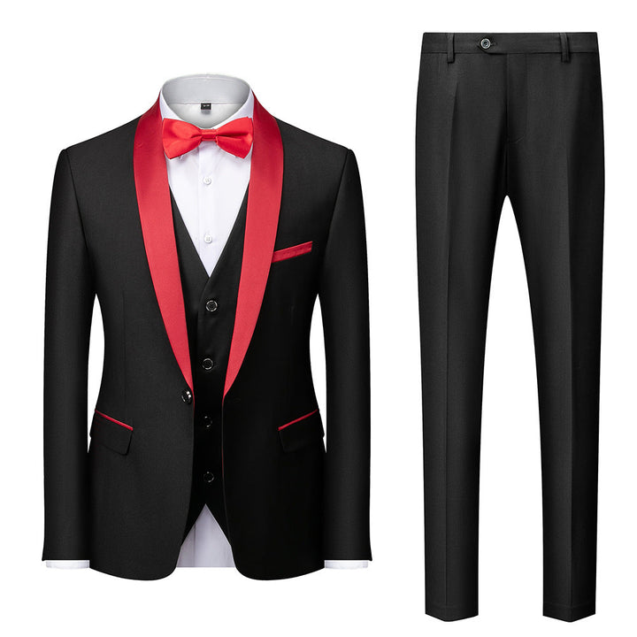 Cayetano | Esmoquin Completo con Chaleco y Pantalón Estrecho - Negro con solapa roja
