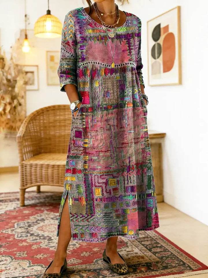 Lourdes | Vestido Denim con Patchwork Étnico