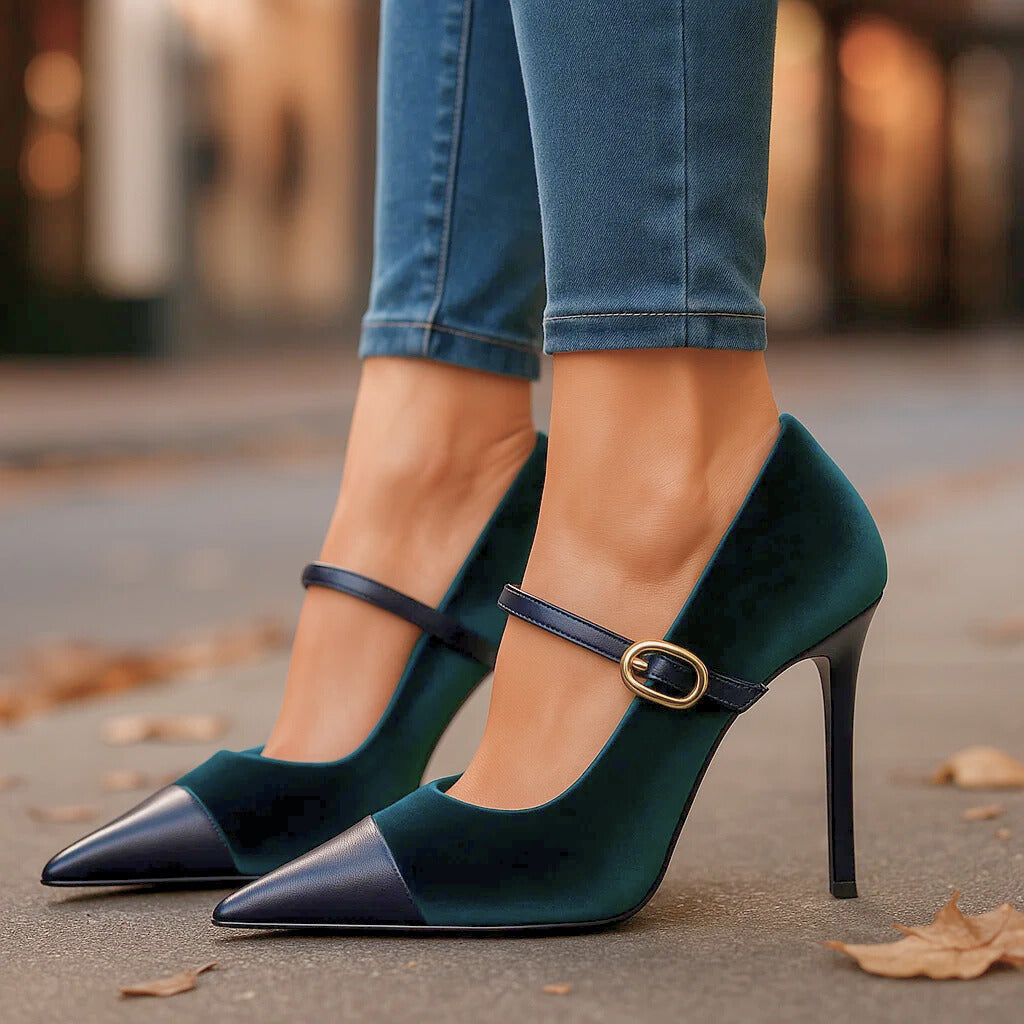 Cipriana | Zapatos de Terciopelo de Mujer con Tacón y Hebilla - Azul zafiro