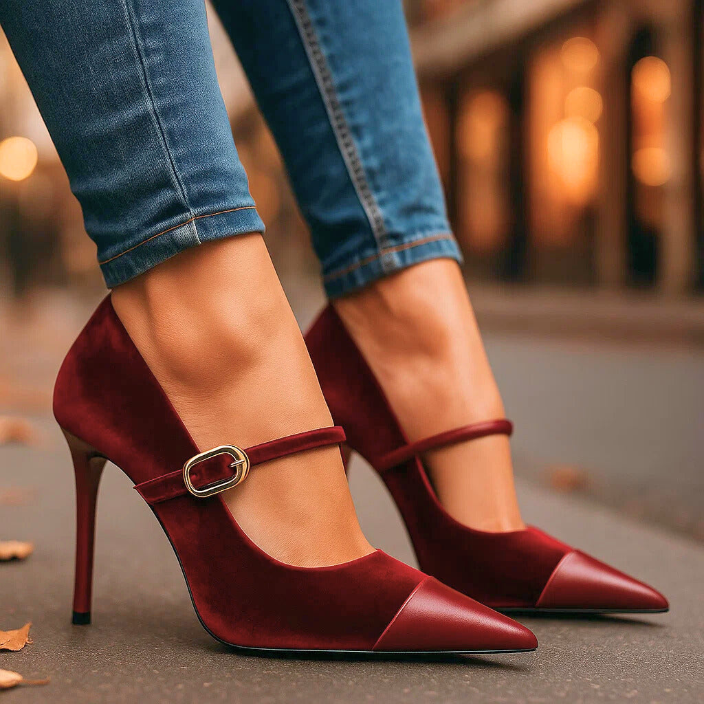 Cipriana | Zapatos de Terciopelo de Mujer con Tacón y Hebilla - Granate