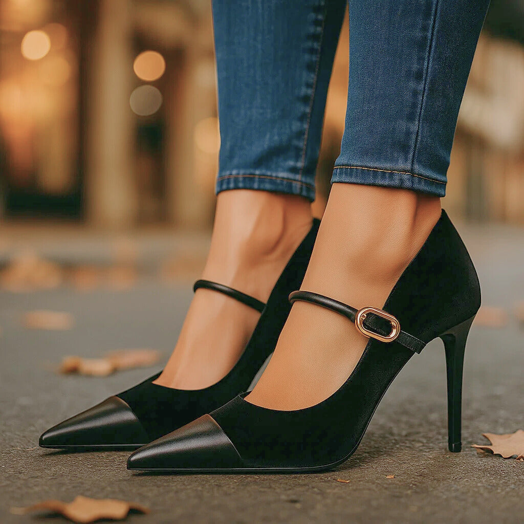 Cipriana | Zapatos de Terciopelo de Mujer con Tacón y Hebilla - Negro ónix