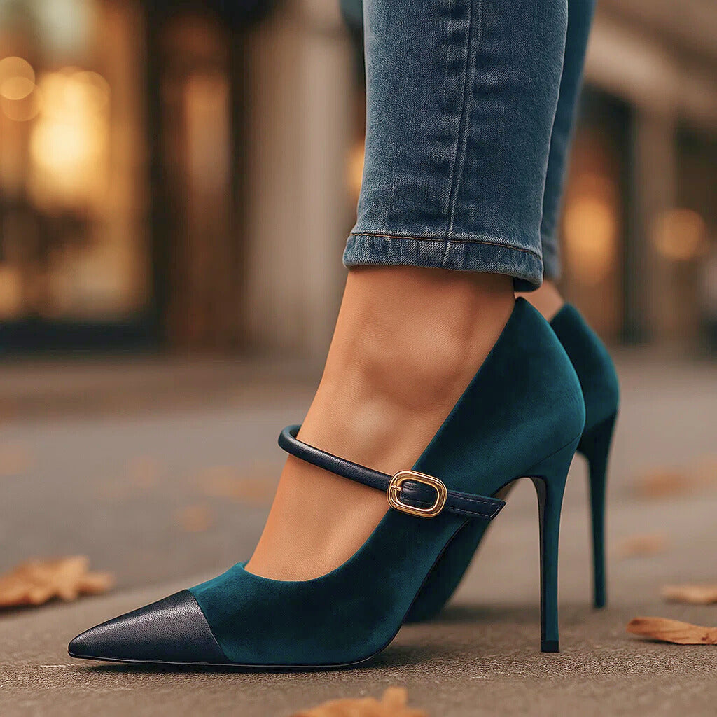 Cipriana | Zapatos de Terciopelo de Mujer con Tacón y Hebilla - 9