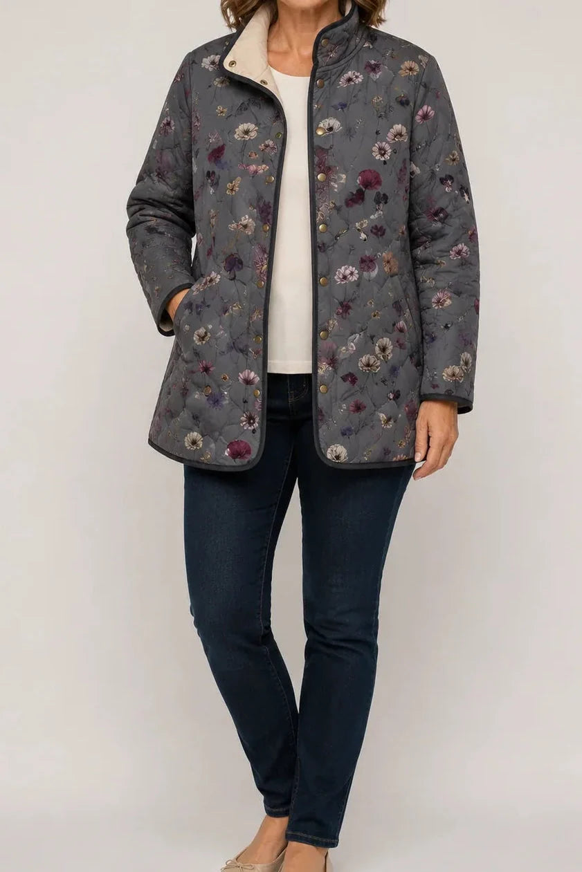 Cleofé | Chaqueta Acolchada Ligera de Mujer con Estampado Floral - Flores silvestres gris