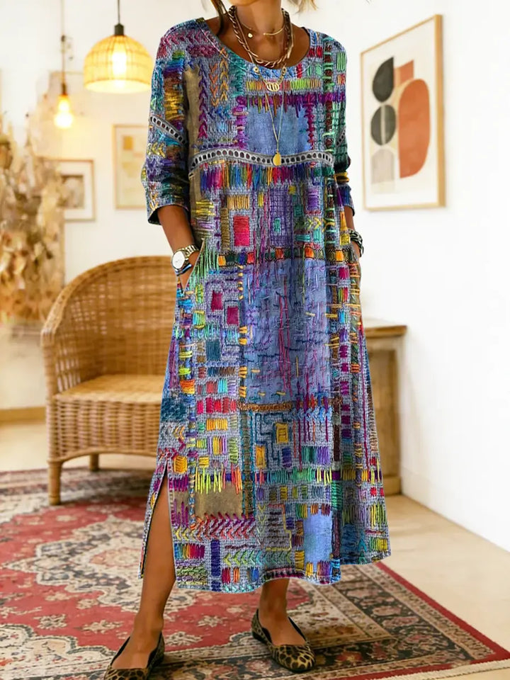 Lourdes | Vestido Denim con Patchwork Étnico
