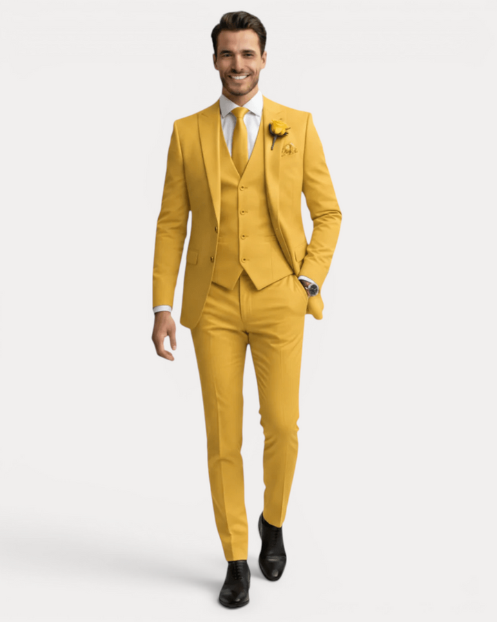 Emeterio | Traje de Tres Piezas en Mezcla de Lana Elástica - Amarillo