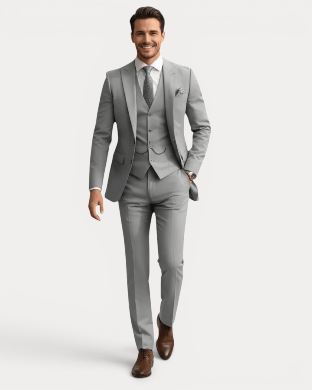 Emeterio | Traje de Tres Piezas en Mezcla de Lana Elástica - Gris claro