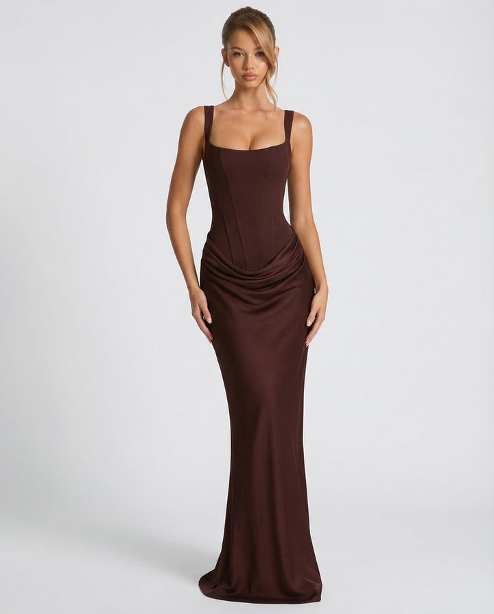 Eufemia | Vestido de Fiesta Largo de Satén con Corsé - Marrón