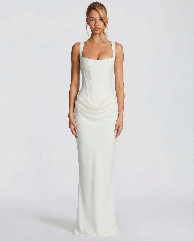 Eufemia | Vestido de Fiesta Largo de Satén con Corsé - Blanco