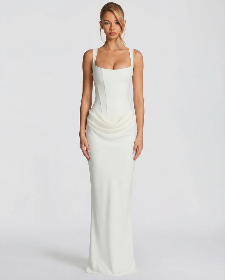 Eufemia | Vestido de Fiesta Largo de Satén con Corsé - Blanco