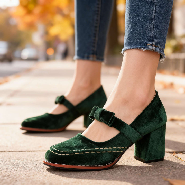 Guadalupe | Zapatos de Terciopelo Tipo Mocasín con Tacón Ancho - Verde